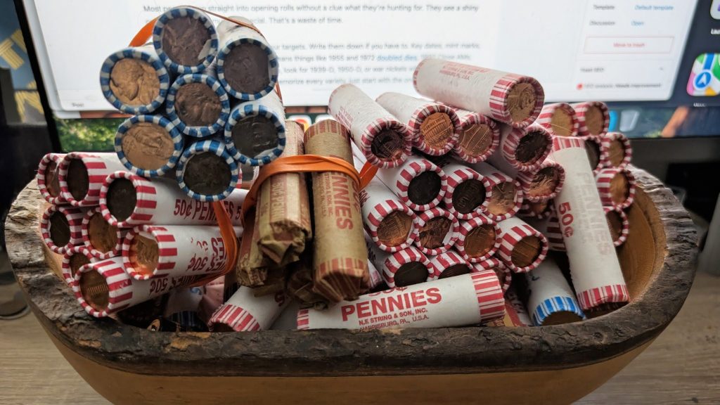 A wooden bowl filled with rolled pennies stacked in red, blue, and brown wrappers sits on a desk, with a computer screen showing a coin collecting blog post blurred in the background.