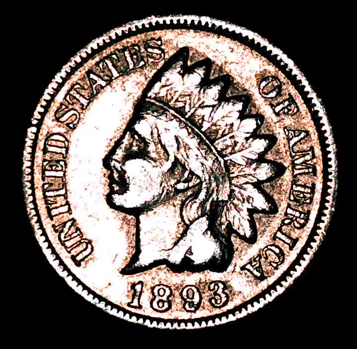 Obverse of an 1893 Indian Head cent showing unnaturally bright fields and flattened detail from whizzing, with a harsh reflective surface that lacks original mint texture.