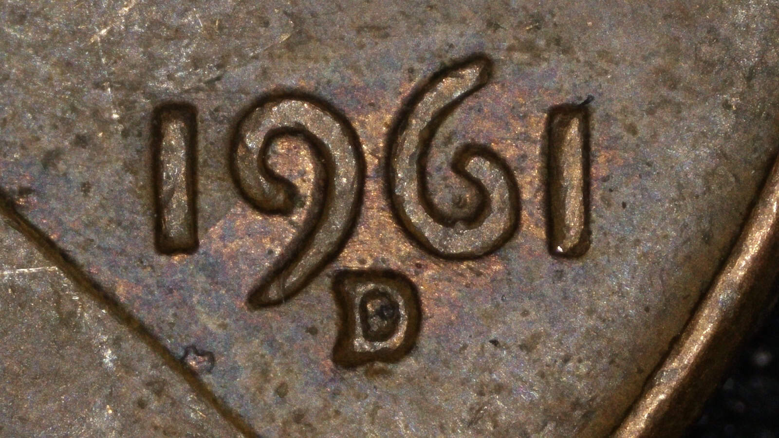 Close-up of the date and Denver mintmark on a 1961-D Lincoln cent showing a repunched mintmark consistent with RPM-038.