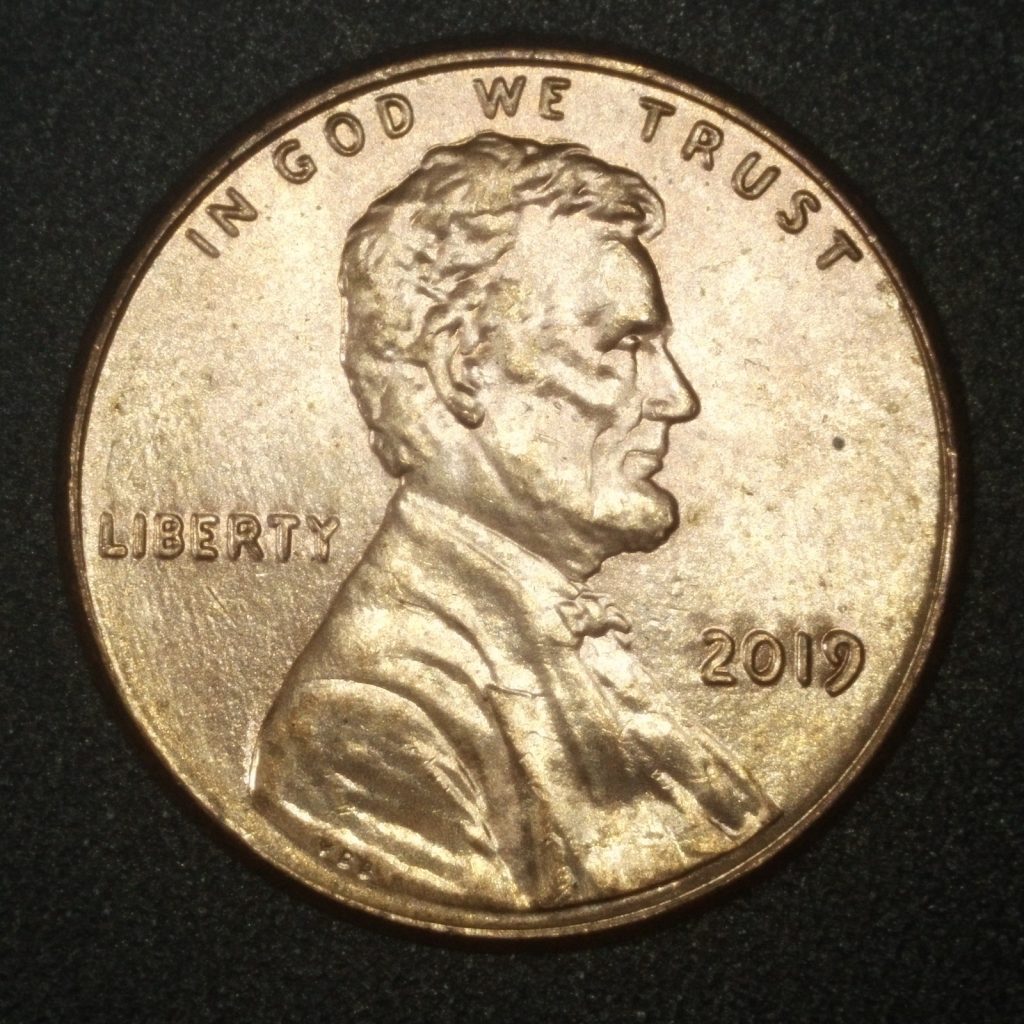 Full obverse image of a 2019 Lincoln cent displaying doubled die obverse characteristics consistent with WDDO-011.