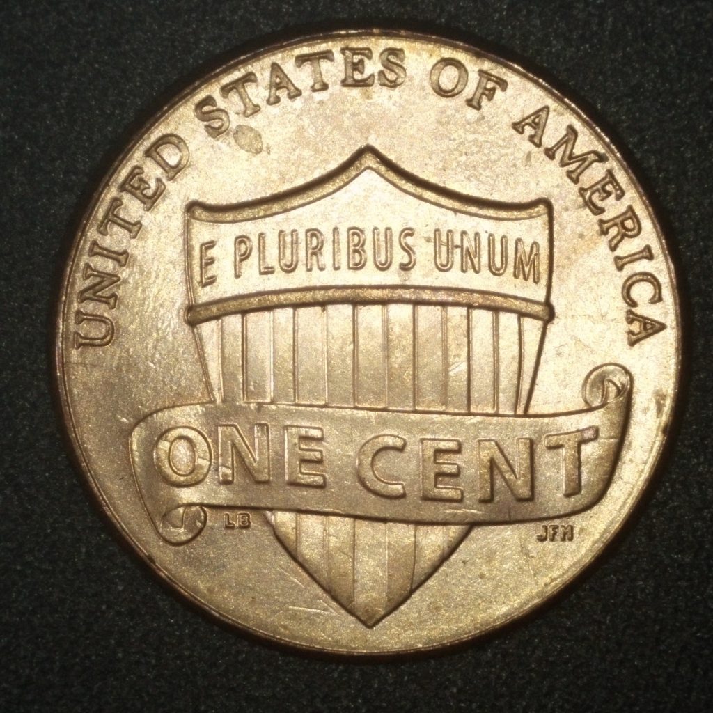 Full reverse image of a 2019 Lincoln cent with the shield design and no notable reverse doubling.