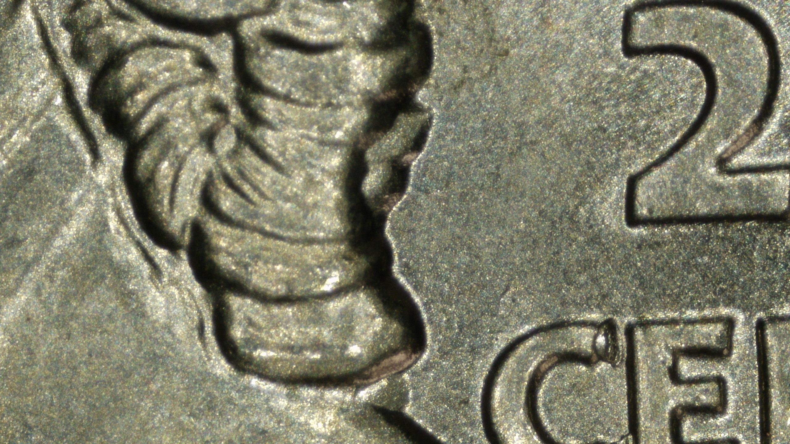 Close-up of Dr. Mary Edwards Walker’s hair on a 2024-P quarter showing an extra raised blob of hair behind the right shoulder caused by a doubled die.