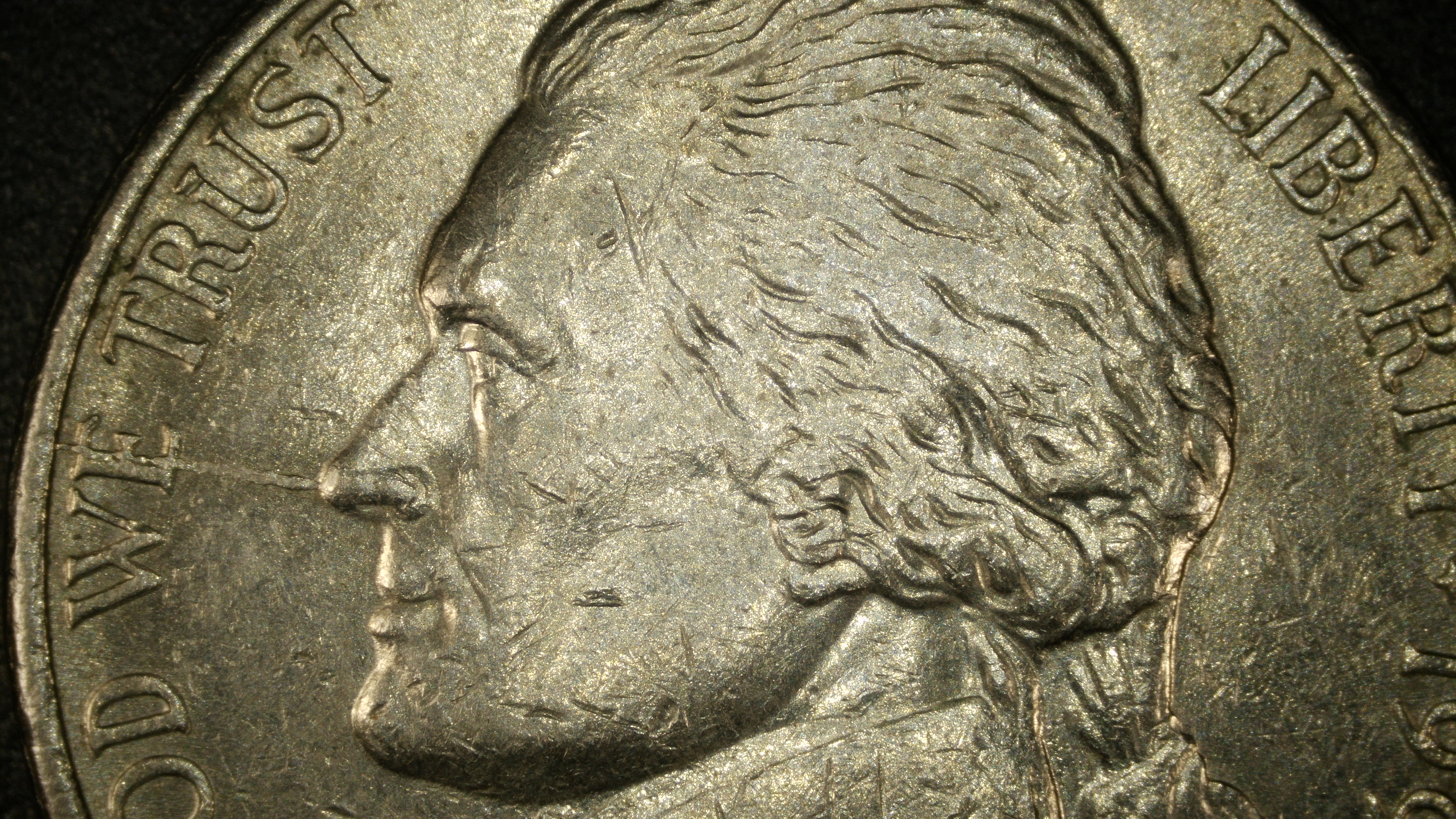 Spiked head die crack crossing LIBERTY on 1996-P Jefferson nickel