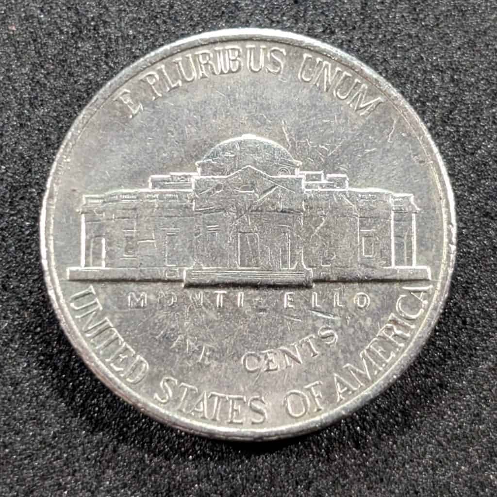 Full reverse of 1996-P Jefferson nickel used for spiked head attribution
